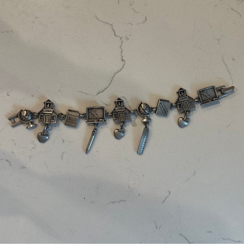 JJ. Vintage Pewter Bead Charm School Bracelet